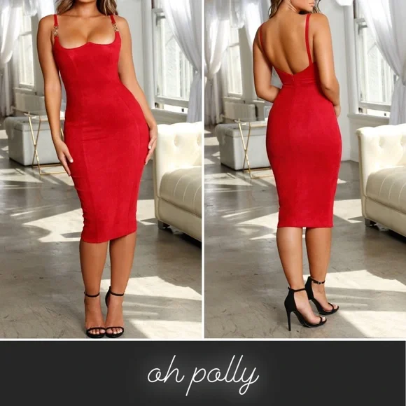 Oh Polly Red Bust Up Structured Suede Midi Dress 0